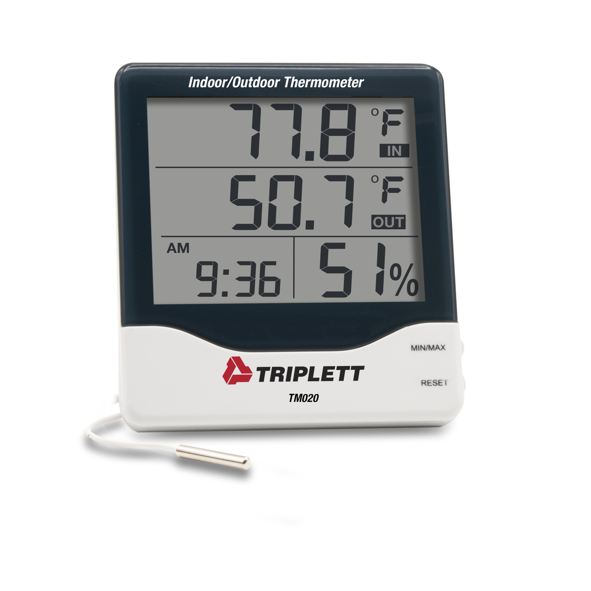 Triplett Indoor/Outdoor Thermometer — Displays Temperature, Humidity, Time, Weatherproof Sensor, 4.8ft. Cable, Model# TM020